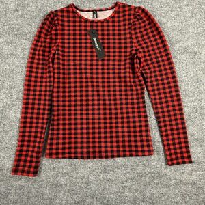 Allegra K Shirt Womens XS Red Black Plaid Long Sleeve Stretch Pullover Top